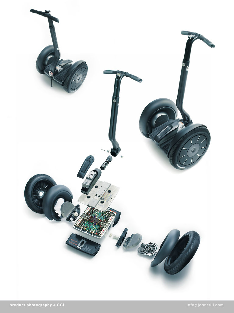 exploded view product photography CGI by John Still for Segway